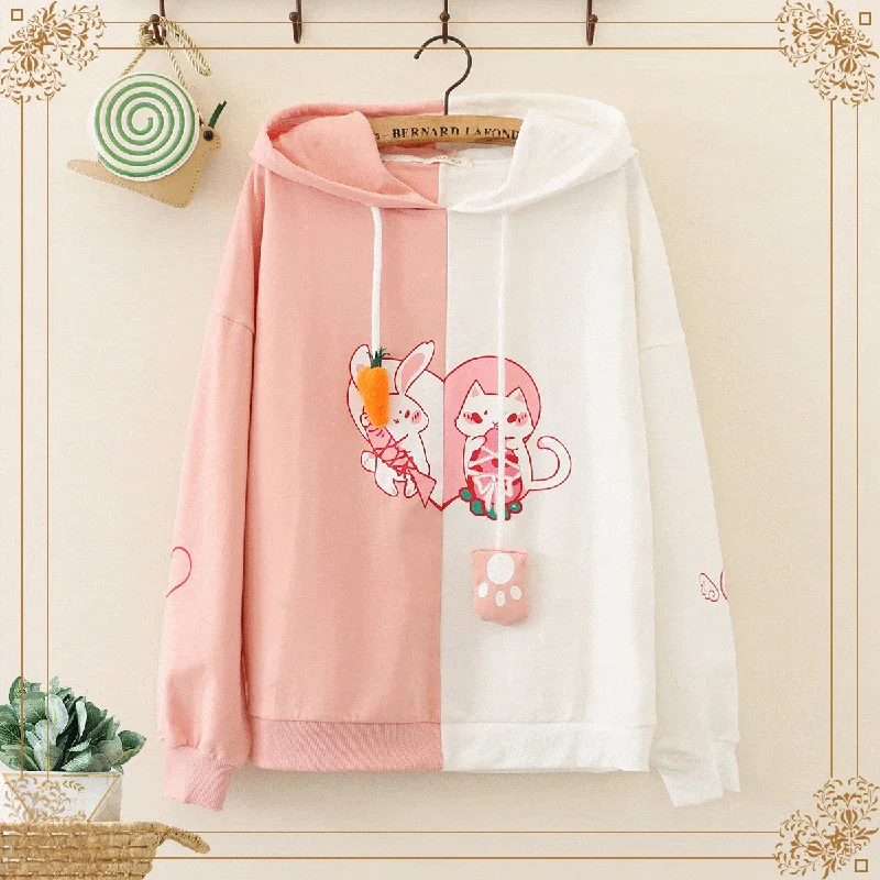 Women's Kawaii Contrast Color Cat And Rabbit Printed Hoodies