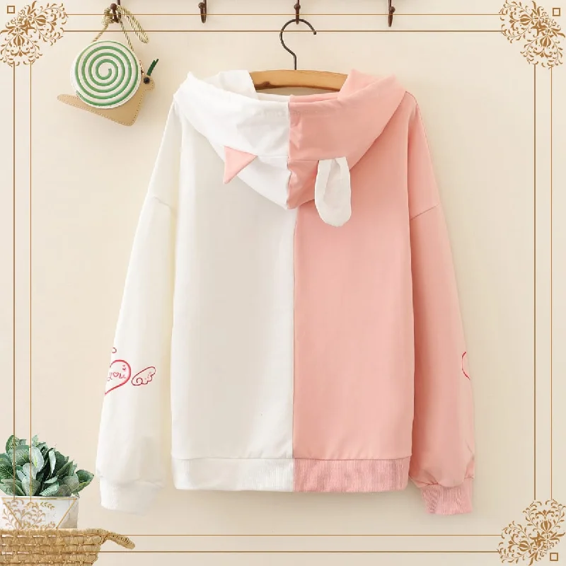 Women's Kawaii Contrast Color Cat And Rabbit Printed Hoodies