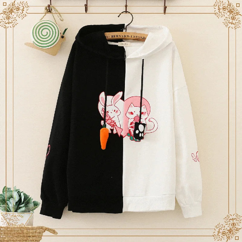 Women's Kawaii Contrast Color Cat And Rabbit Printed Hoodies