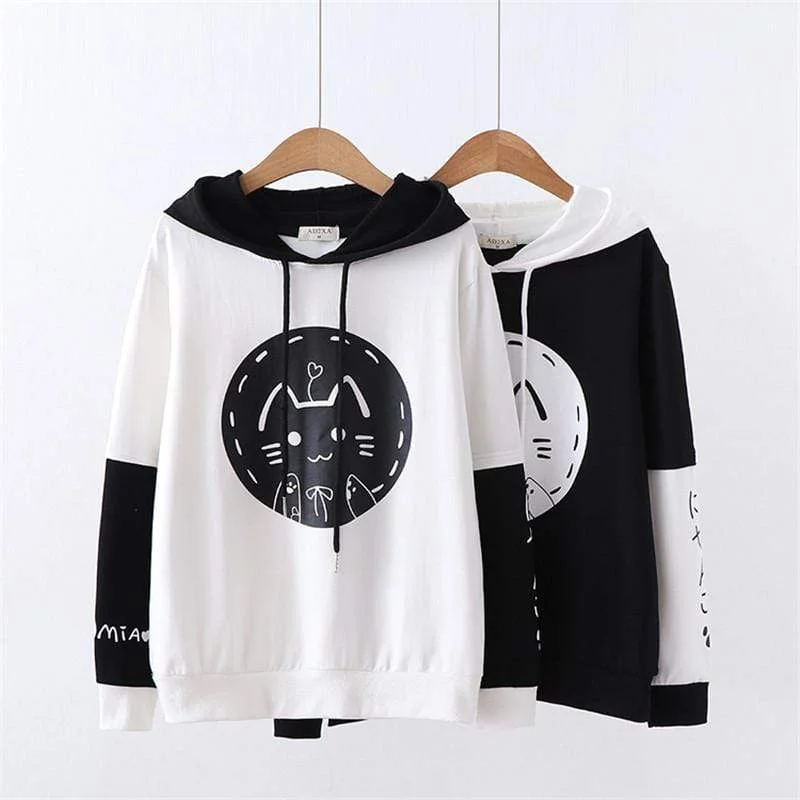 Women's Sweet Cat Printed Contrast Color Hoodies