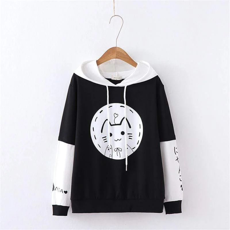 Women's Sweet Cat Printed Contrast Color Hoodies