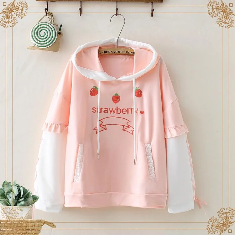 Women's Sweet Strawberry Embroidered Falbala Contrast Sleeved Hoodies