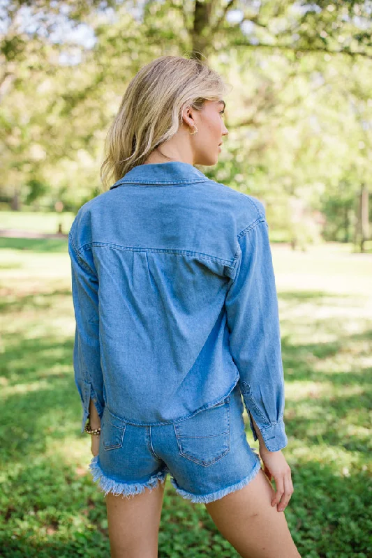 A Girl Like Me Medium Wash Cropped Chambray Blouse