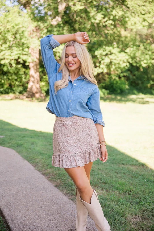 A Girl Like Me Medium Wash Cropped Chambray Blouse