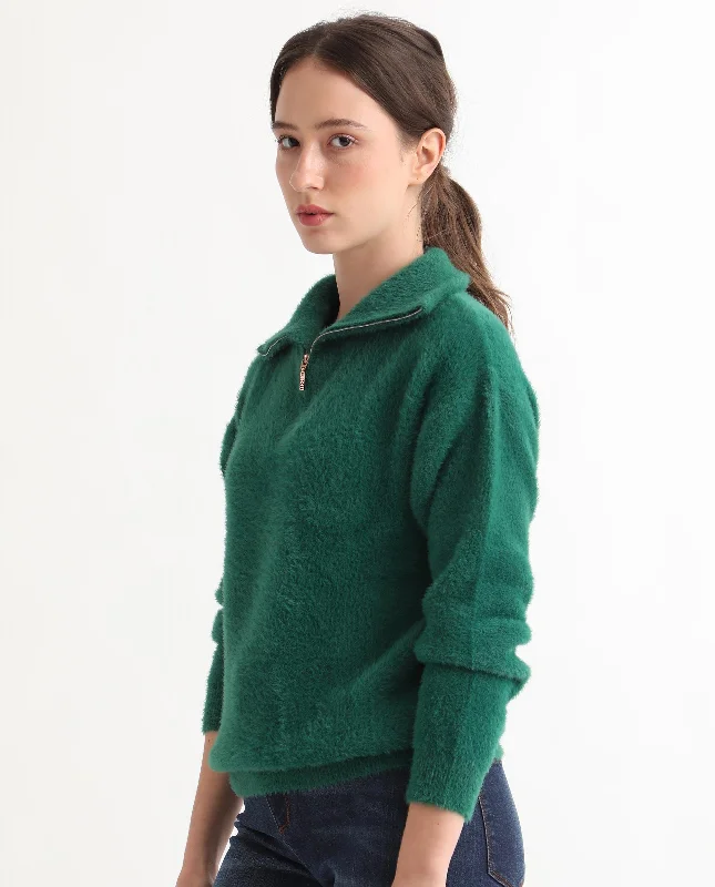 Rareism Women'S Asser Green Nylon Fabric Full Sleeves Regular Fit Solid Drop Collar Sweater