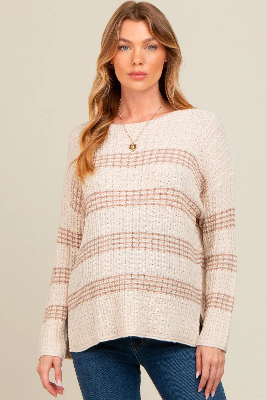 Beige Striped Waffle Knit Maternity Sweater