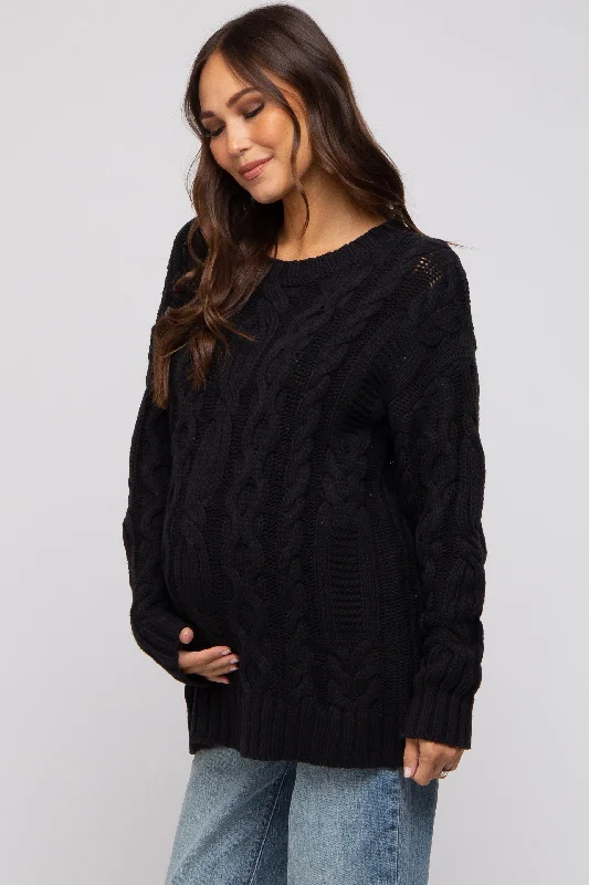 Black Chunky Cable Knit Maternity Sweater