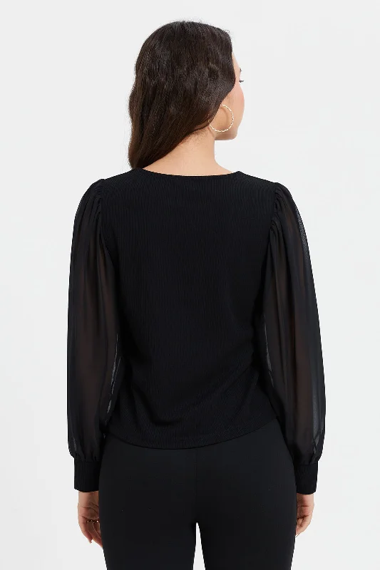 Women Black Ribbed Top