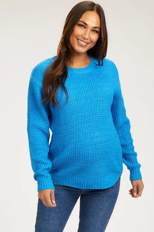 Blue Waffle Knit Round Hem Maternity Sweater