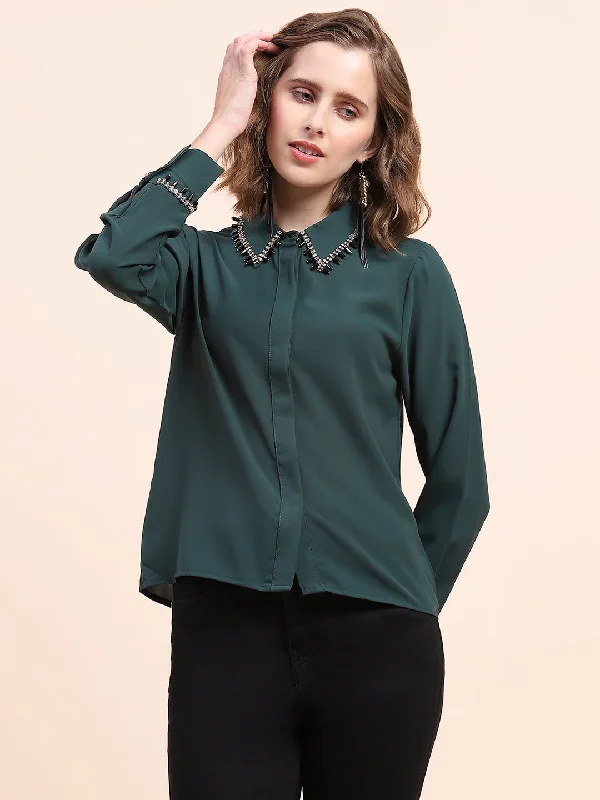 Camla Barcelona Embellished Bottle Green Regular Shirt