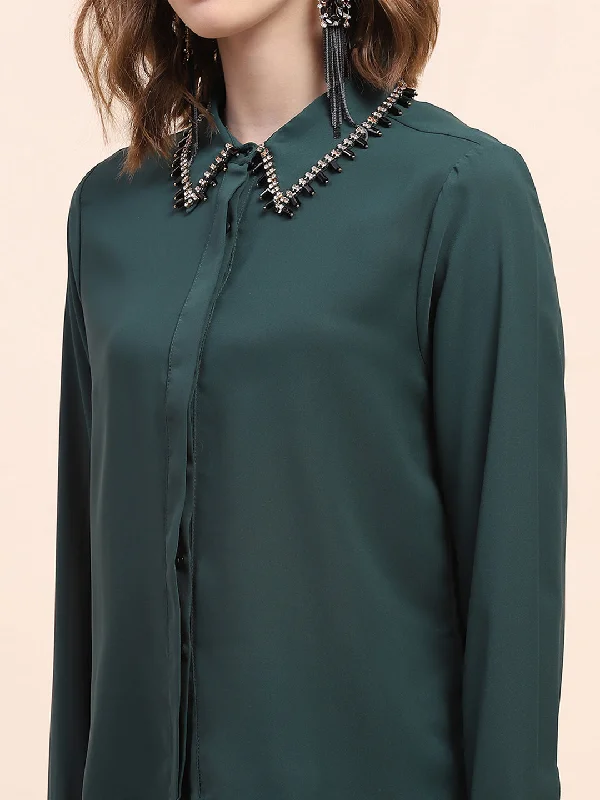 Camla Barcelona Embellished Bottle Green Regular Shirt