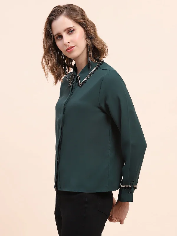 Camla Barcelona Embellished Bottle Green Regular Shirt