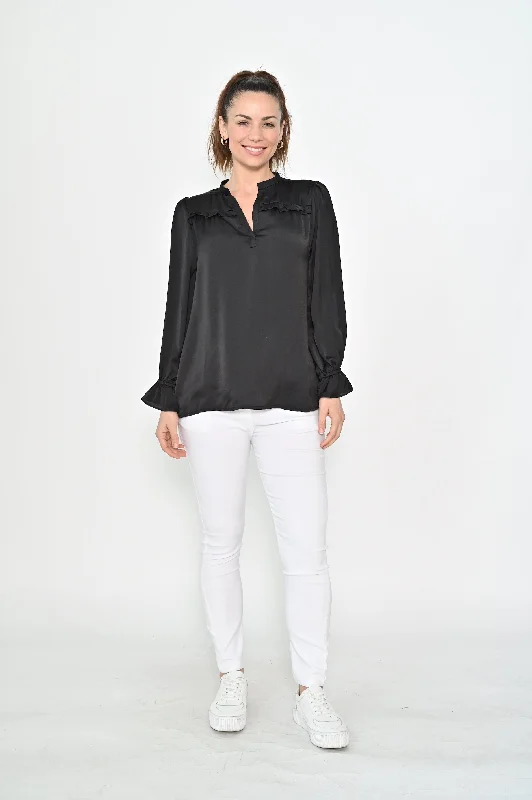 Cali & Co V-neck Frill Sleeve Satin Top Black