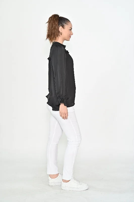 Cali & Co V-neck Frill Sleeve Satin Top Black