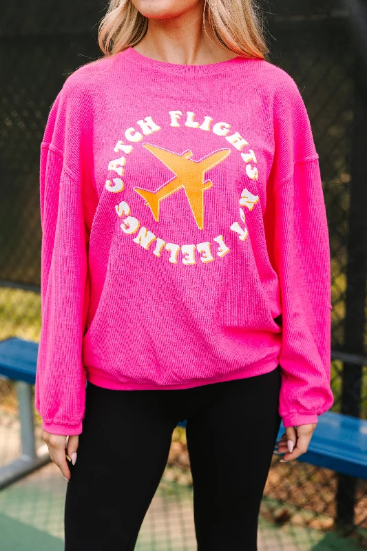 Catch Flights Fuchsia Pink Graphic Corded Sweatshirt