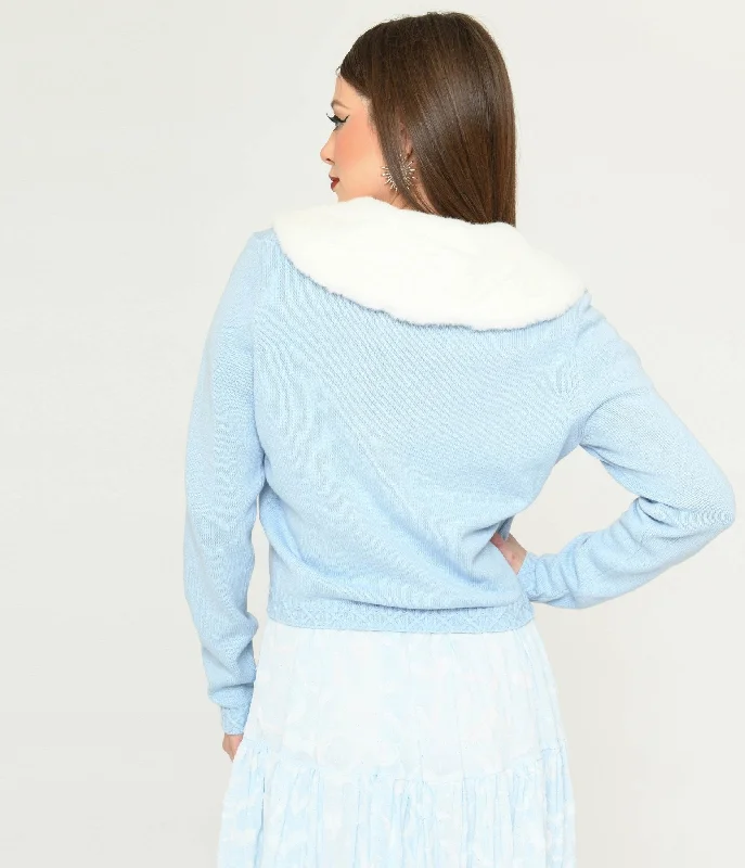 Collectif Light Blue & Faux Fur Collar Cardigan