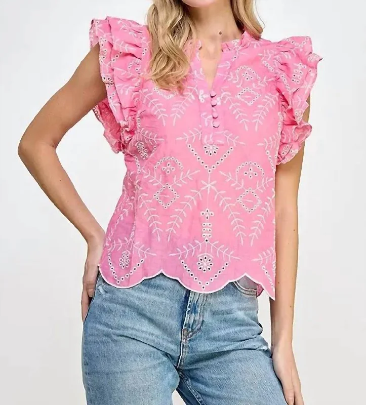 Eyelet Frill Scallop Top In Pink