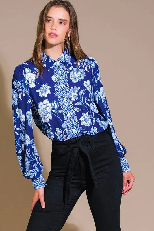 Gemma Long Sleeve Floral Print Button Down Top Navy