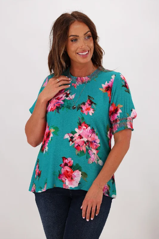 Gloss by Shine On Marieka Shirred Detail Floral Top Green Floral