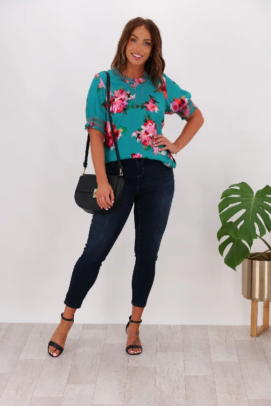 Gloss by Shine On Marieka Shirred Detail Floral Top Green Floral