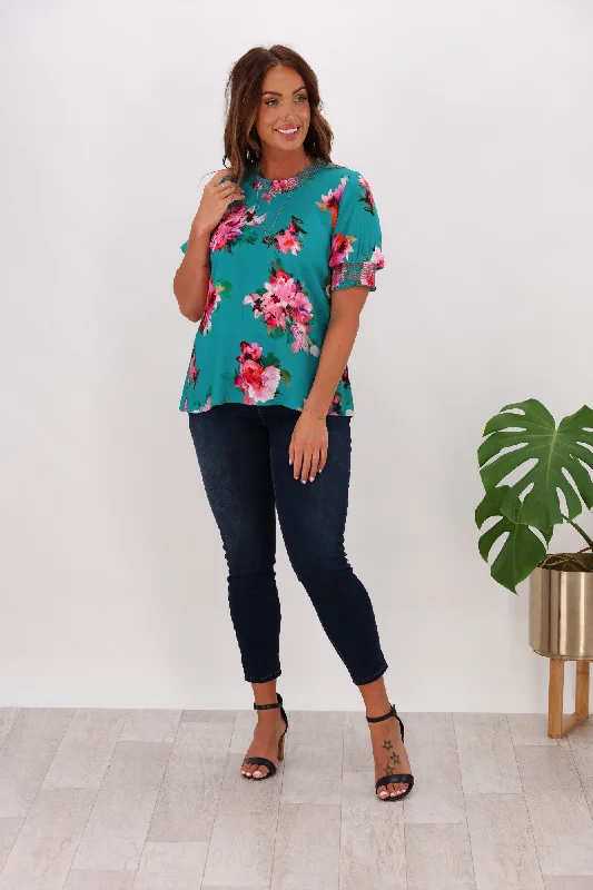 Gloss by Shine On Marieka Shirred Detail Floral Top Green Floral