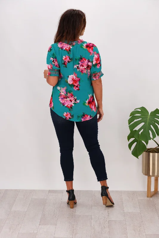 Gloss by Shine On Marieka Shirred Detail Floral Top Green Floral