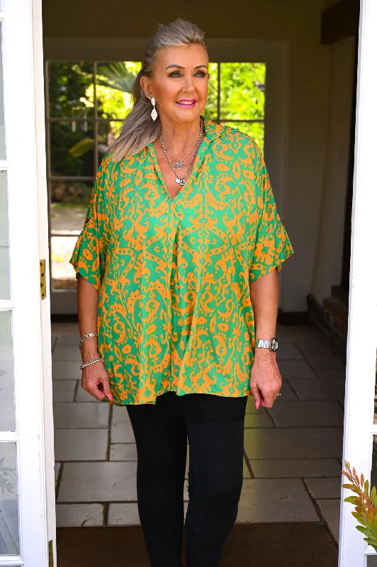 Green & Orange Printed Collar Blouse