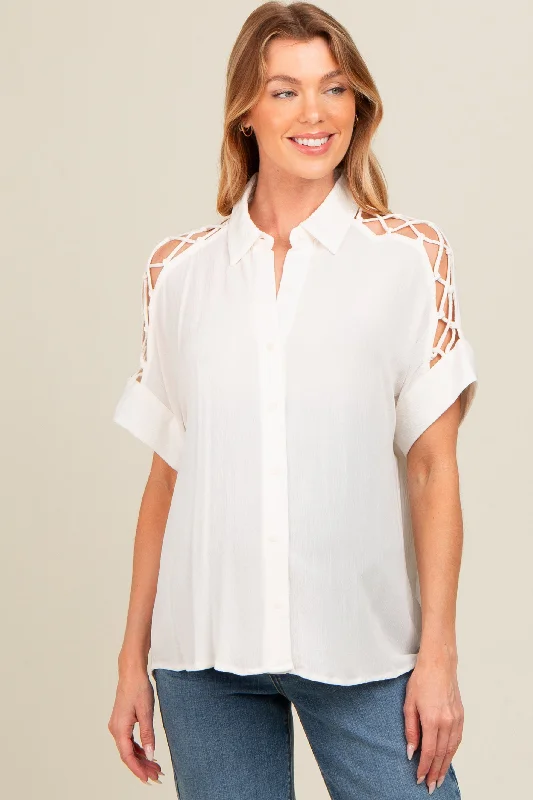 Ivory Button Down Lace-Up Shoulder Maternity Top