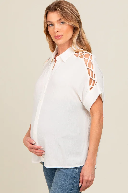 Ivory Button Down Lace-Up Shoulder Maternity Top