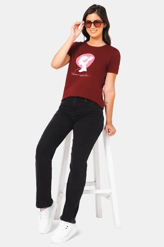 Jusperf Women Printed Cotton T-shirt - SN10 - Maroon