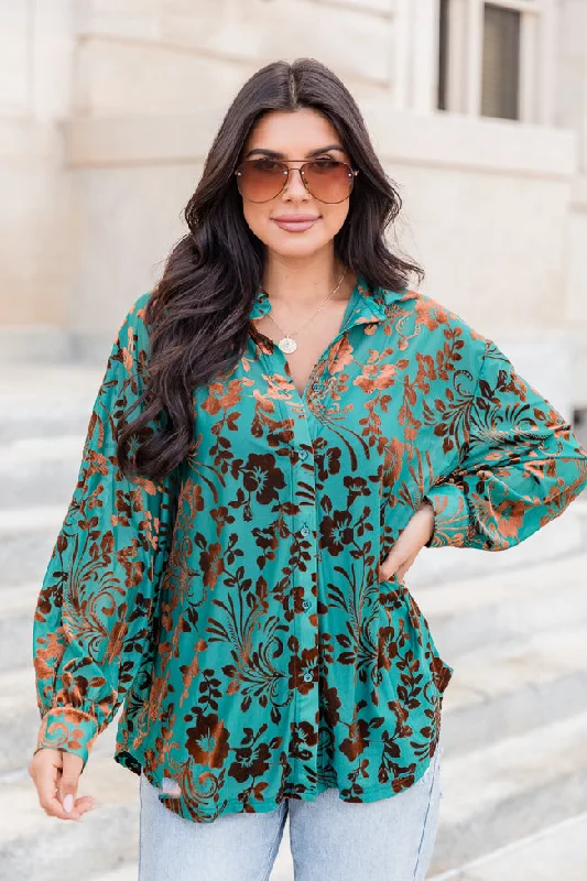 Just A Crush Teal And Brown Velvet Floral Print Button Front Blouse