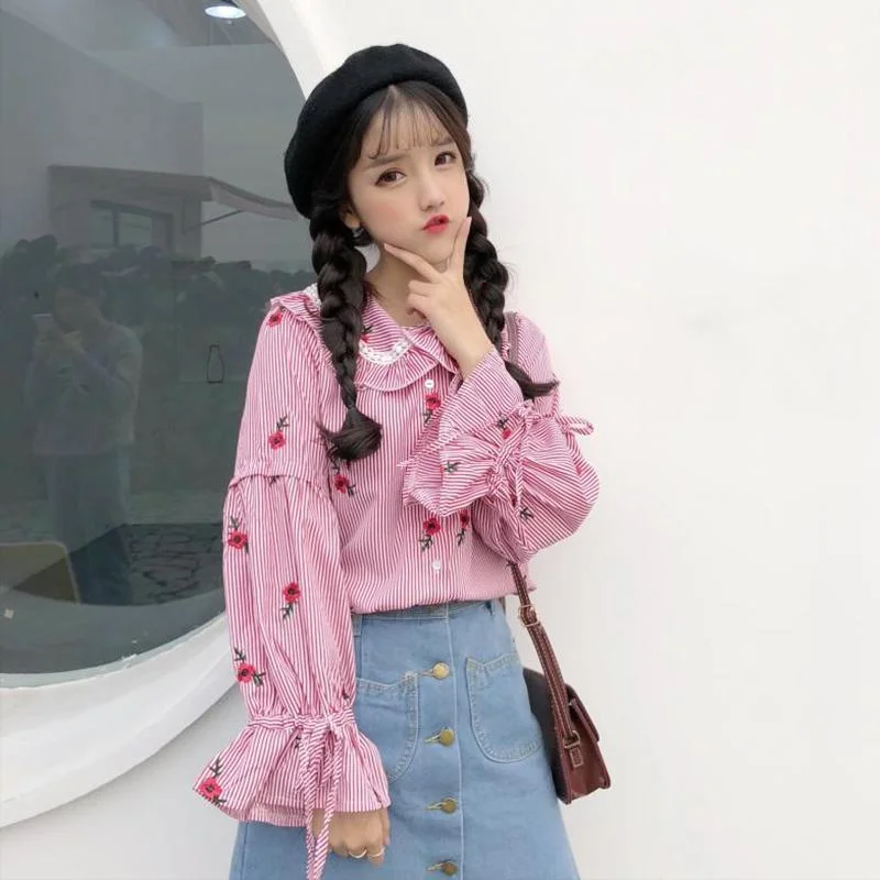 Kawaii Flower Embroidered Striped Shirt