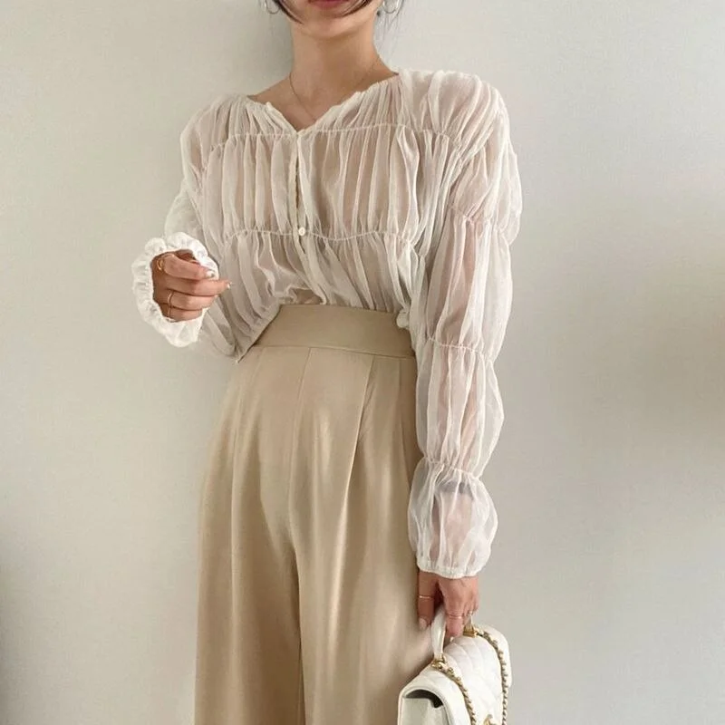 Korean Fashion Pleated Casual Blouse Women Summer New Loose Folds Perspective Chiffon Shirt Long Sleeve Tops Blusas Mujer 15624