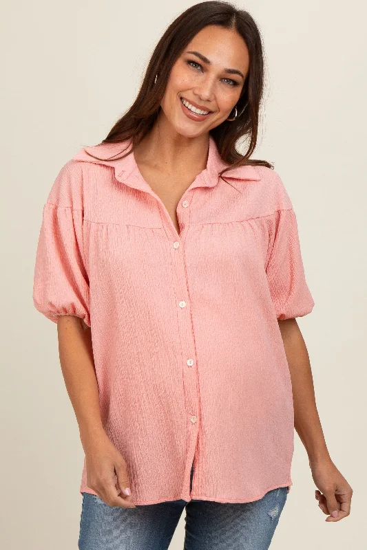 Light Pink Collared Button Down Maternity Blouse