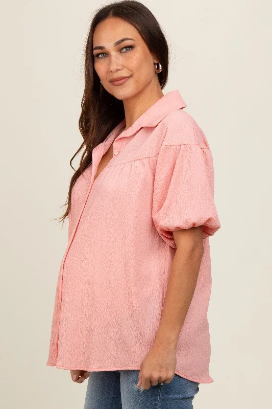 Light Pink Collared Button Down Maternity Blouse