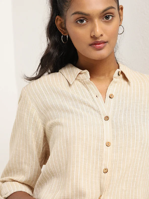 LOV Beige Striped Blended Linen Shirt