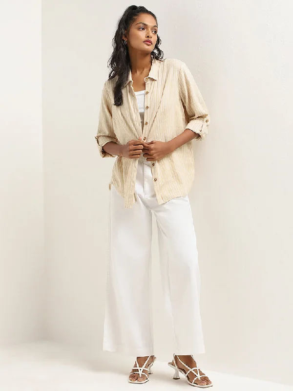 LOV Beige Striped Blended Linen Shirt