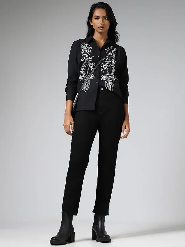 LOV Black Nature Doodle Embroidered Blended Linen Shirt