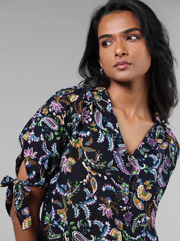 LOV Navy Floral Paisley Printed Crepe Blouse