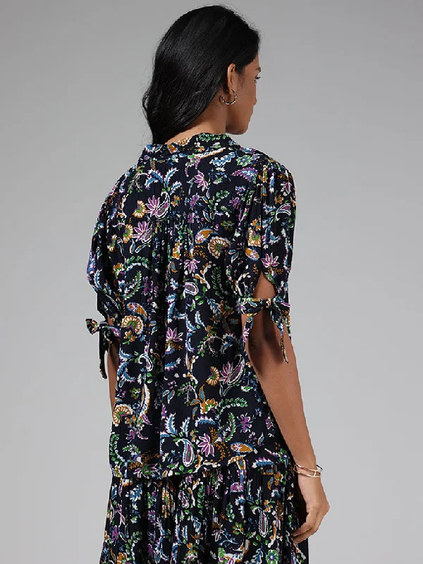 LOV Navy Floral Paisley Printed Crepe Blouse