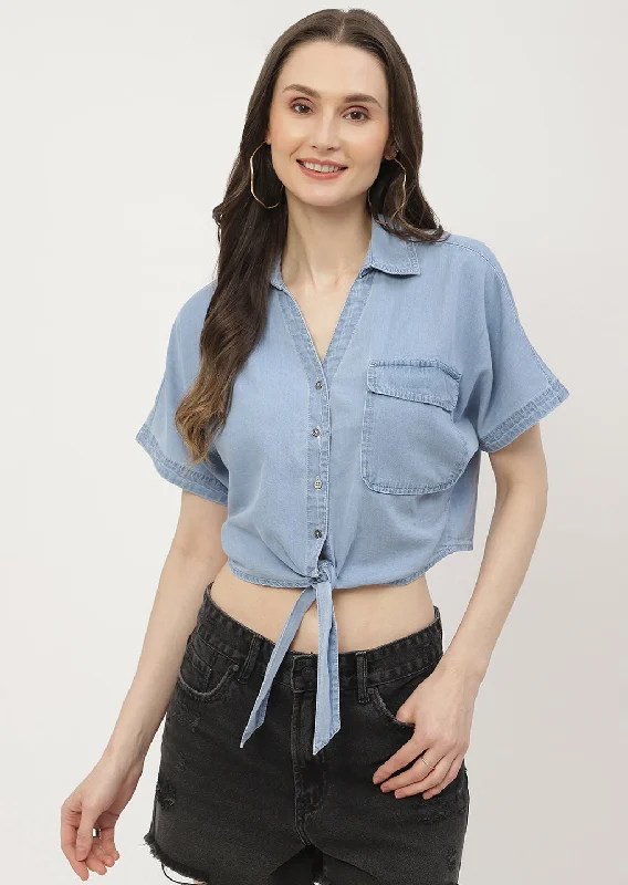 Madame Front Knot Half Sleeve Crop Denim Shirt