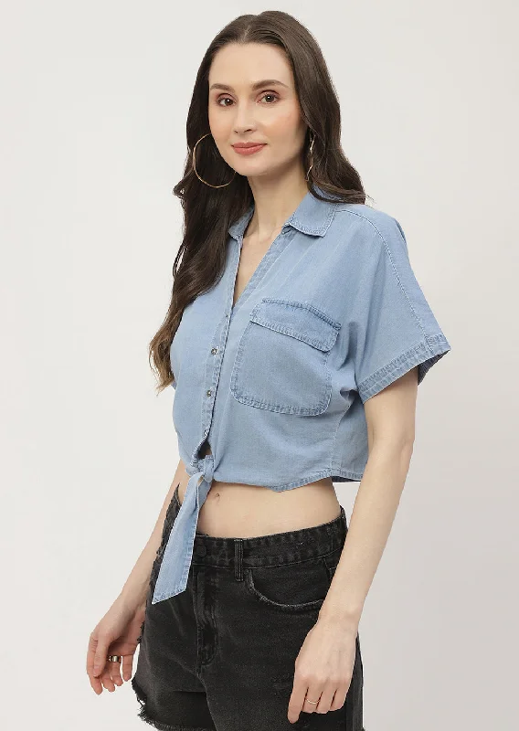 Madame Front Knot Half Sleeve Crop Denim Shirt