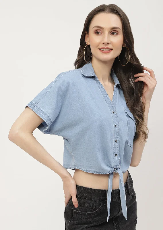 Madame Front Knot Half Sleeve Crop Denim Shirt