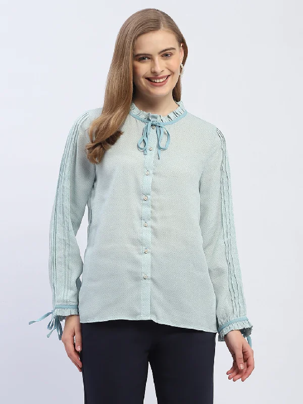 Madame Tie-Up Neck Blue Geometric Print Shirt