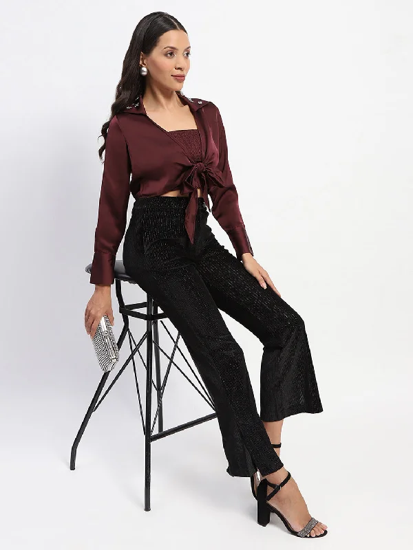 Madame Embellished Collar Front Knot Two Piece Maroon Crop Shirt