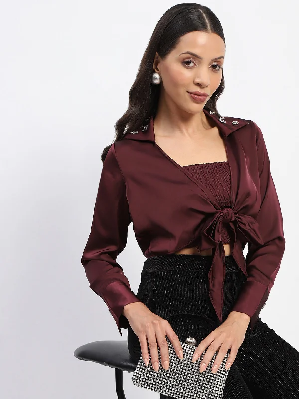 Madame Embellished Collar Front Knot Two Piece Maroon Crop Shirt