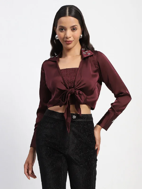 Madame Embellished Collar Front Knot Two Piece Maroon Crop Shirt