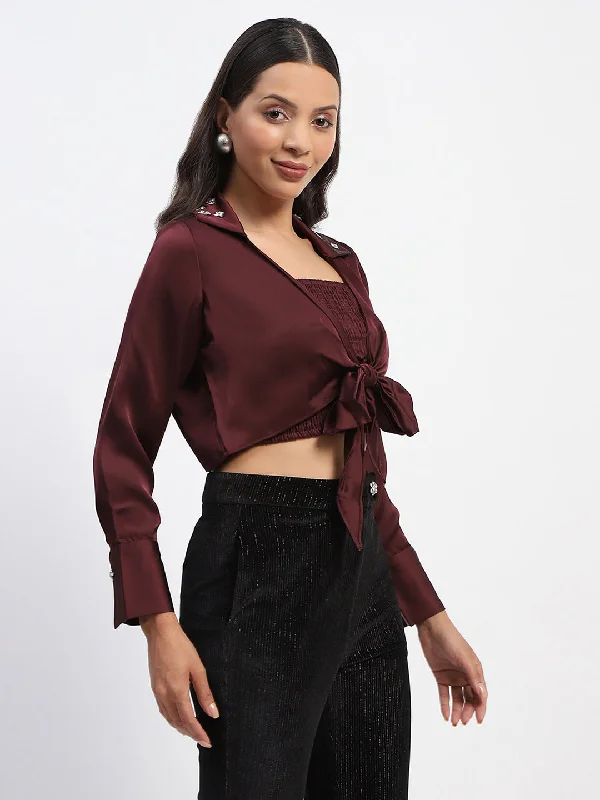 Madame Embellished Collar Front Knot Two Piece Maroon Crop Shirt