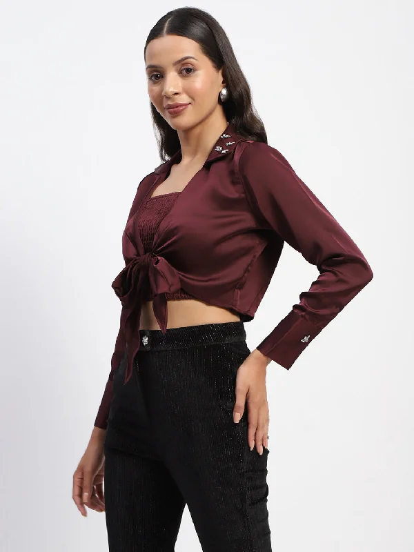 Madame Embellished Collar Front Knot Two Piece Maroon Crop Shirt