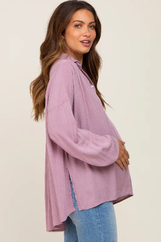 Mauve Lightweight Striped Textured Collared Maternity Top